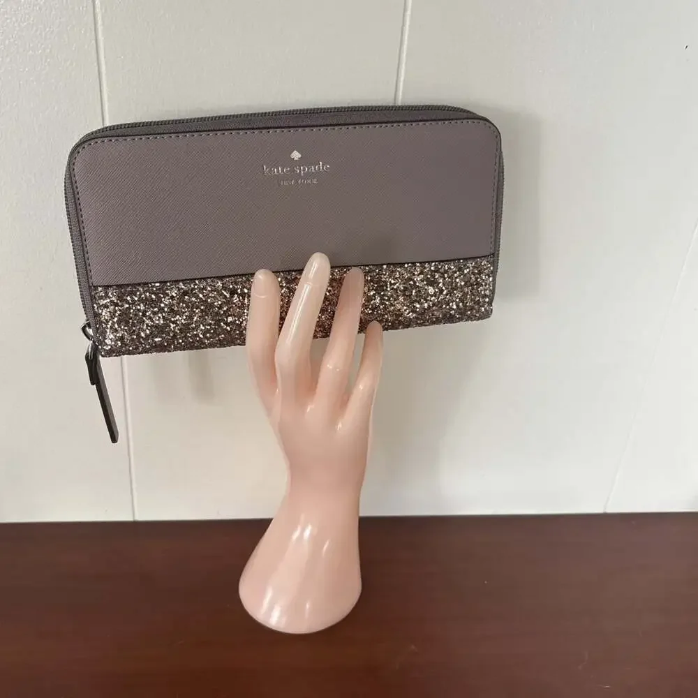 Kate Spade New York Greta Court Saffiano Taupe Cityscape Neda Wallet Glitter